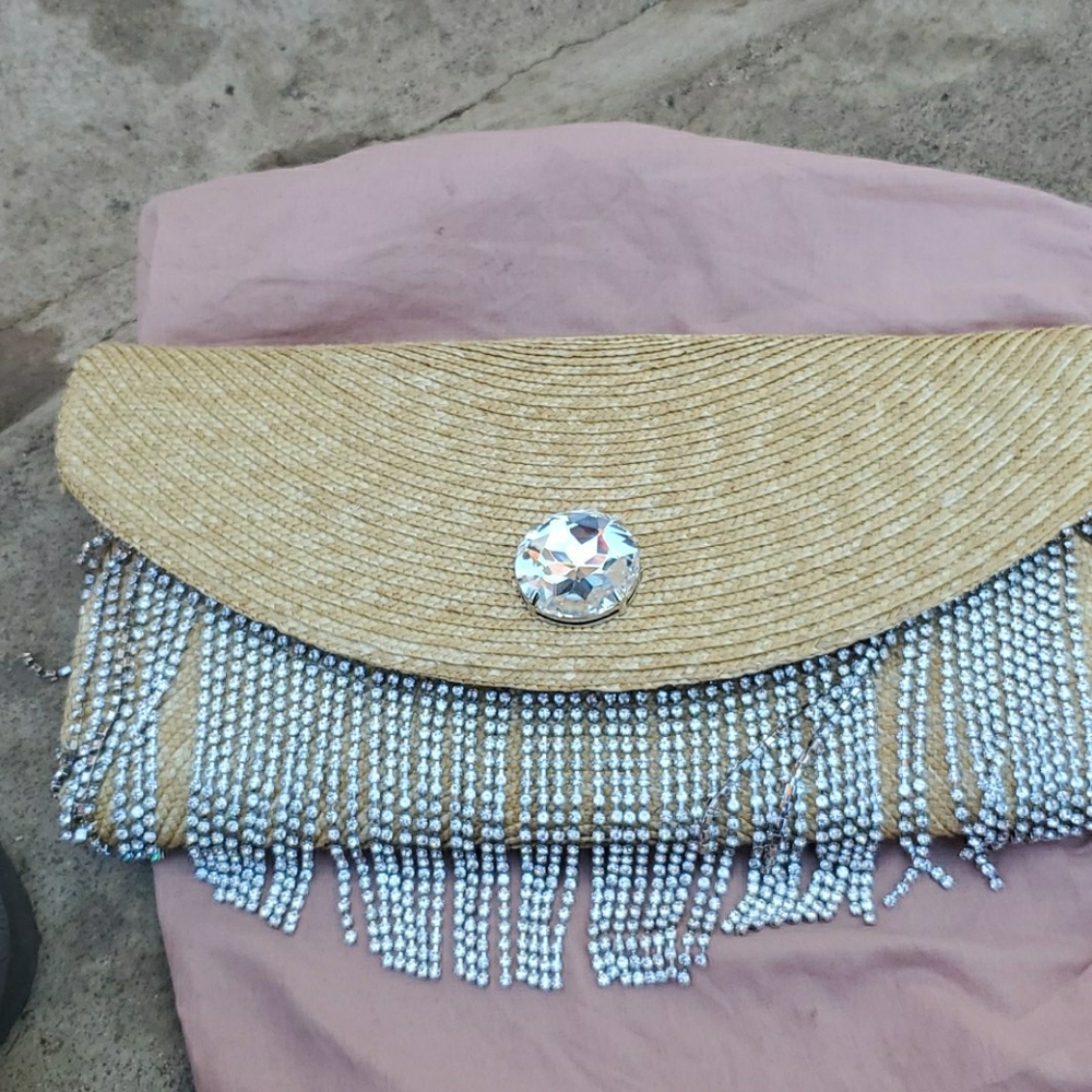 Straw clutch  bag with crystals